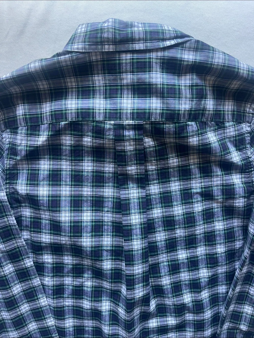 Ralph Lauren Boys Size 10-12 Navy, Green & White Plaid Button-Down Shirt